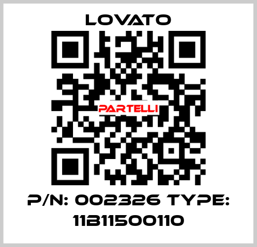 P/N: 002326 Type: 11B11500110 Lovato