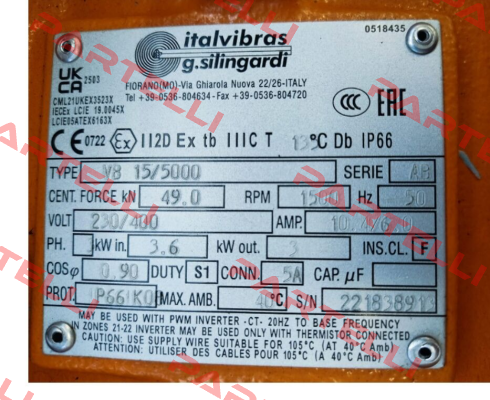 VB 15/5000, 230/400 V, 50 Hz, 1500 1/min Italvibras