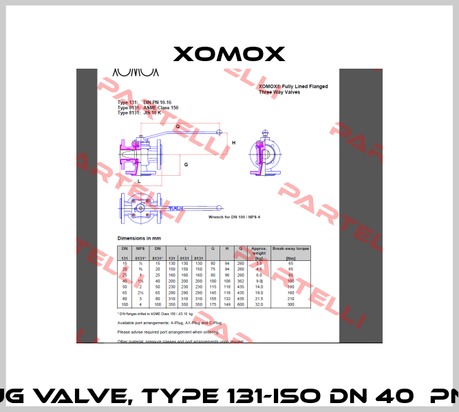 Plug valve, type 131-ISO DN 40  PN 10  Xomox