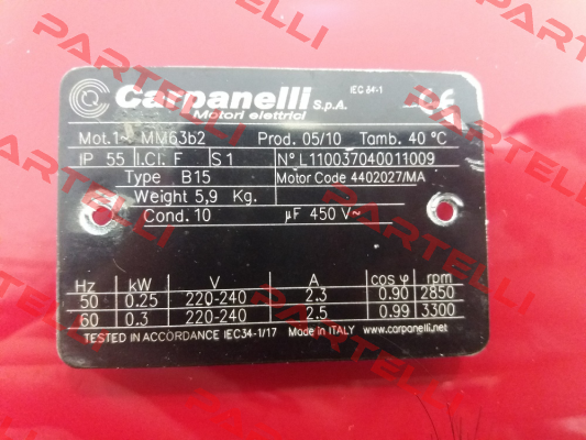 Mot.1 MM63b2  Motor Code: 4402027/MA Type: B15 Carpanelli