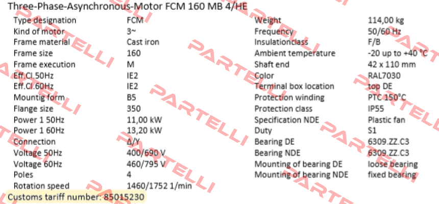 FCM 160 MB 4/HE  (IE2AC16MB400) ALTERNATIVES : PDM-4-B5-11-160M-G-Z1 or EDM-4-B5-11-160M-G-Z1 AC Motoren