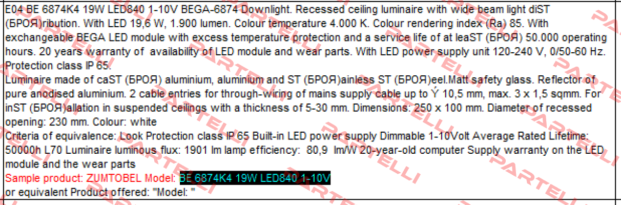 BE 6874K4 19W LED840 1-10V  Zumtobel