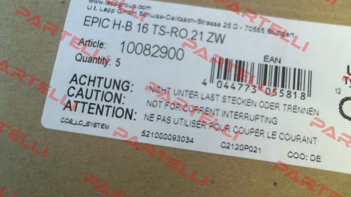 10082900 / EPIC H-B 16 TS-RO 21 ZW (pack x5) Lapp Kabel