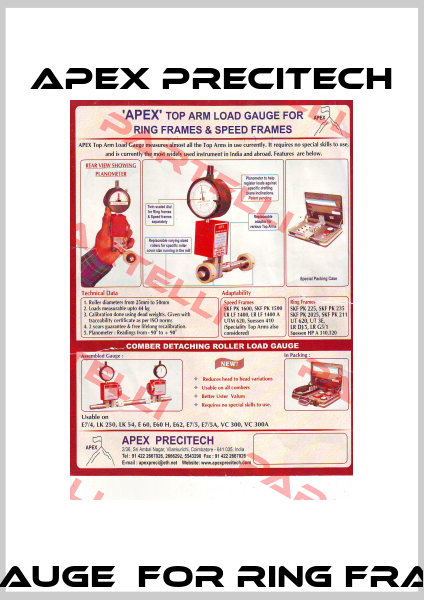 APEX TOP ARM LOAD GAUGE  FOR RING FRAMES & SPEED   FRAMES APEX PRECITECH