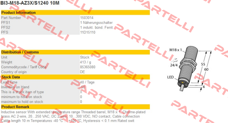 BI3-M18-AZ3X/S1240 10M Turck