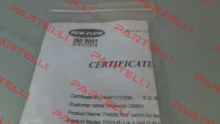 Material certificate for FS25-R-1-A-1-SPDT-N New-Flow